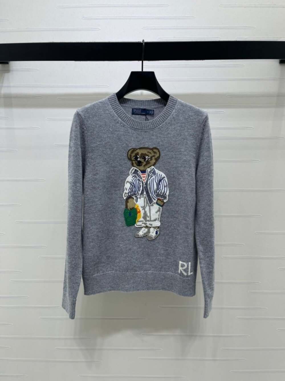 Polo Ralph Lauren Grey Bear Embroidered Crew Neck Knit Sweater